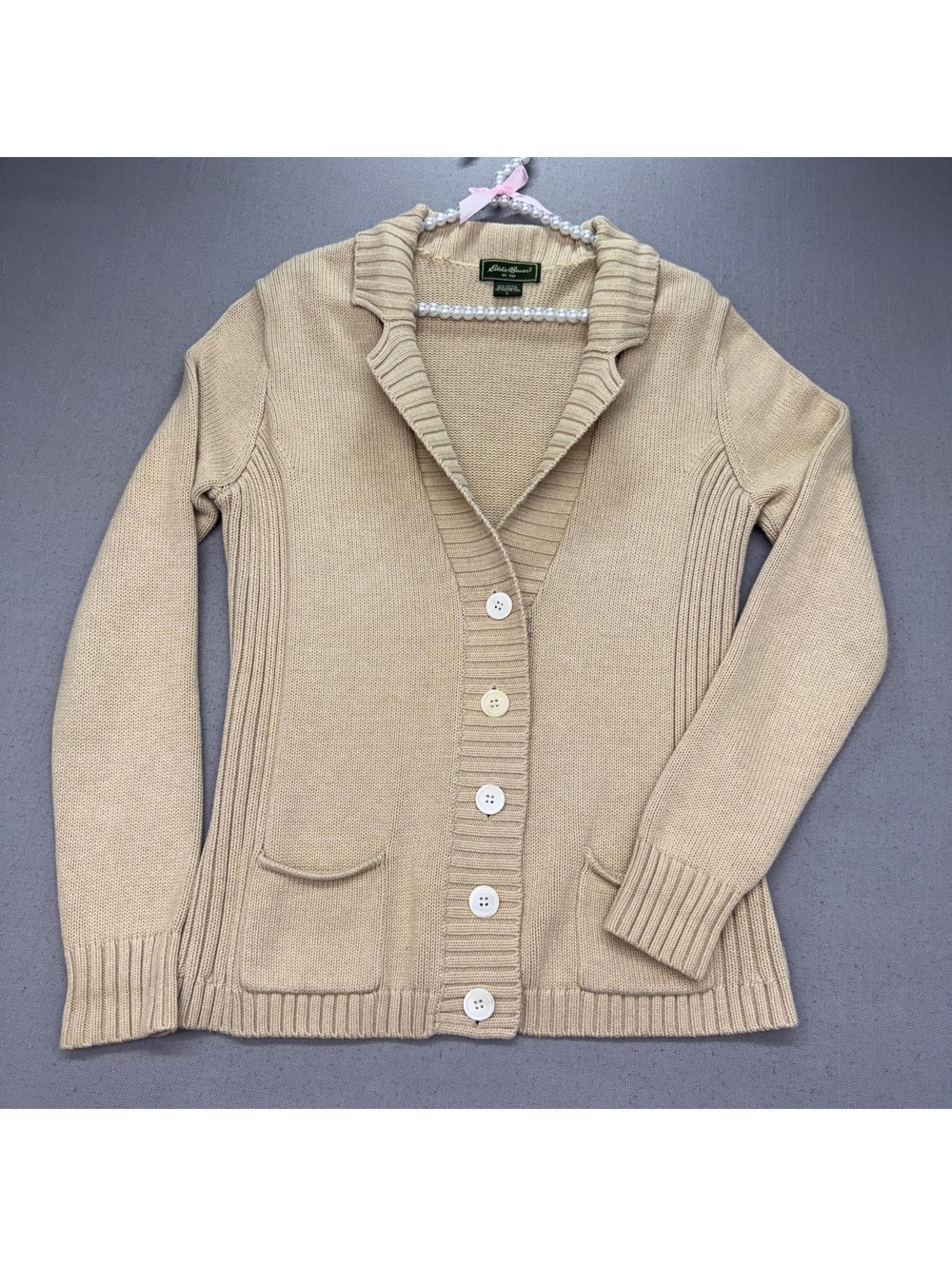 Vintage Eddie Bauer 100% Cotton Ribbed Knit Cardigan Sweater Collared Beige L
